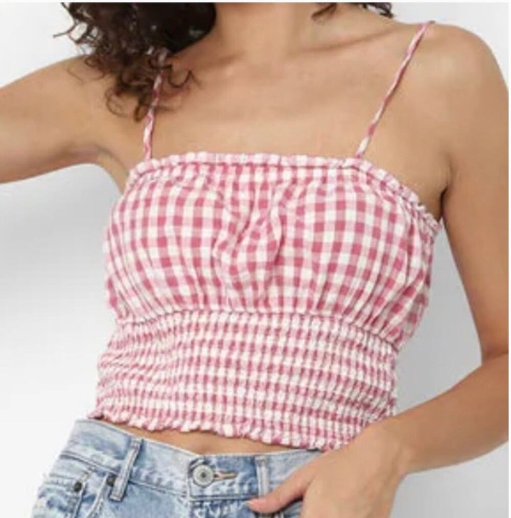 American Eagle Gingham Pink and White Trendy Preppy Summer Tank Top Size Medium